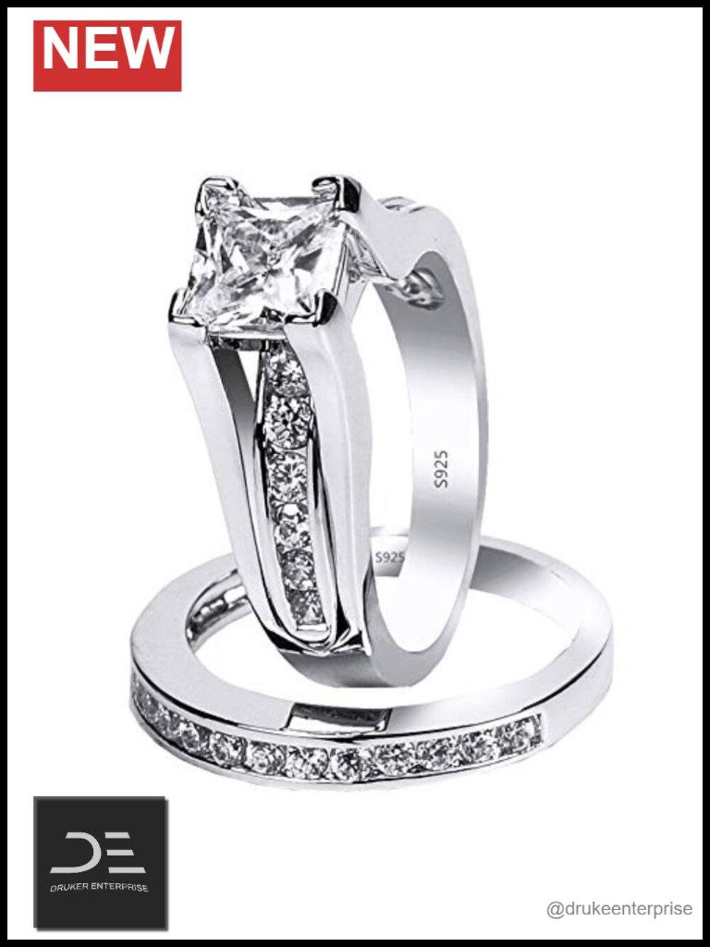 925 Sterling Silver CZ Princess Cut Bridal Set Engagement Ring